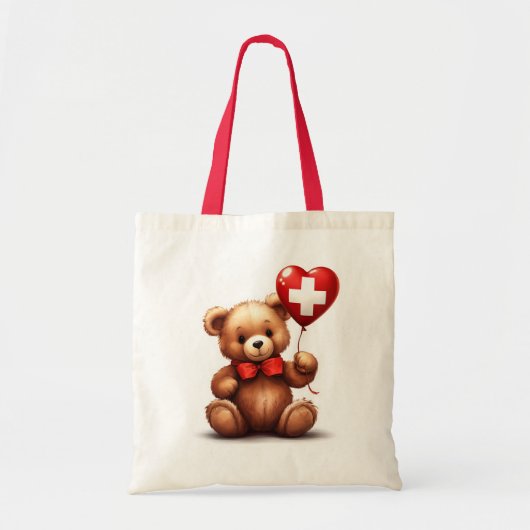 Teddy Bär & Ballon mit Schweizer Flagge. Tragetasche (Vorne)