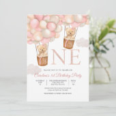 Teddy-Bär-Ballon zum ersten Geburtstag Einladung (Stehend Vorderseite)