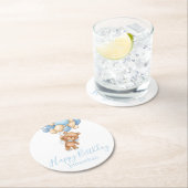 Teddy Bar Balloons Happy Birthday Blue Boy Runder Pappuntersetzer (Vor Ort)