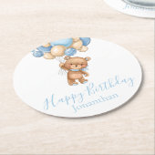 Teddy Bar Balloons Happy Birthday Blue Boy Runder Pappuntersetzer (Angewinkelt)