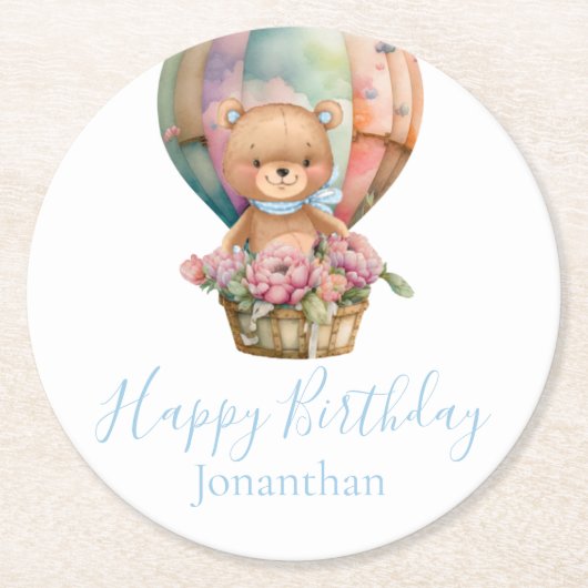 Teddy Bar Balloons Happy Birthday Runder Pappuntersetzer (Vorderseite)