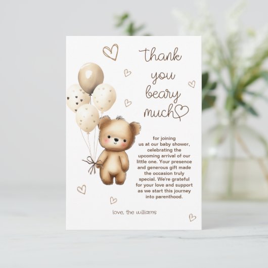 Teddy Bar Balloons Watercolor Beige Tan Dankeskarte (Stehend Vorderseite)
