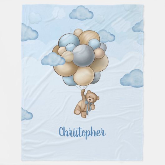 Teddy Bär blau-braun-beige Ballons Babydusche Fleecedecke (Vorderseite)
