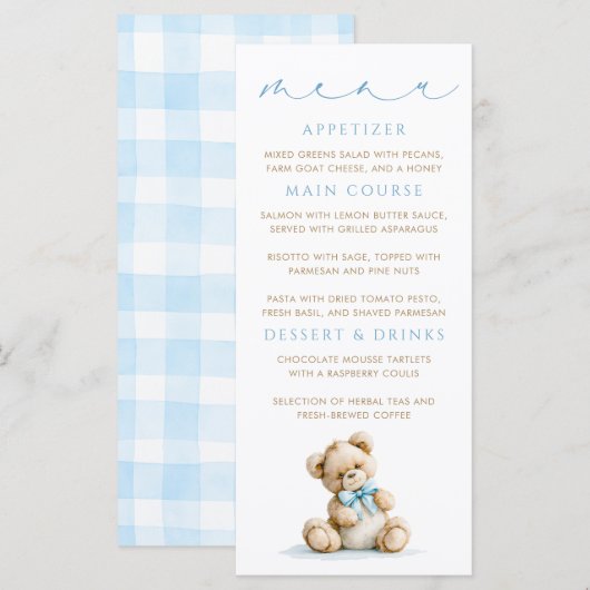 Teddy-Bär Blau Gingham-Muster-Menükarten Menükarte (Vorne/Hinten)