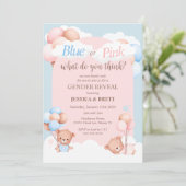 Teddy-Bär Blau oder Rosa Geschlechtsenthüllung Einladung (Stehend Vorderseite)