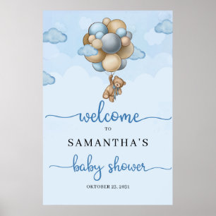 Teddy Bär blaubraune Ballons Baby Willkommenszeich Poster