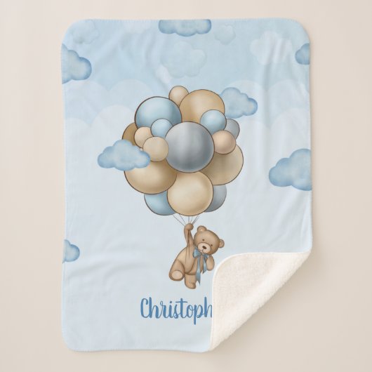 Teddy Bär blaubraune beige Ballons personalisiert Sherpadecke (Vorderseite)