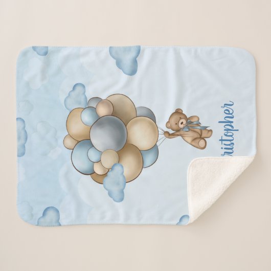 Teddy Bär blaubraune beige Ballons personalisiert Sherpadecke (Vorderseite (Horizontal))