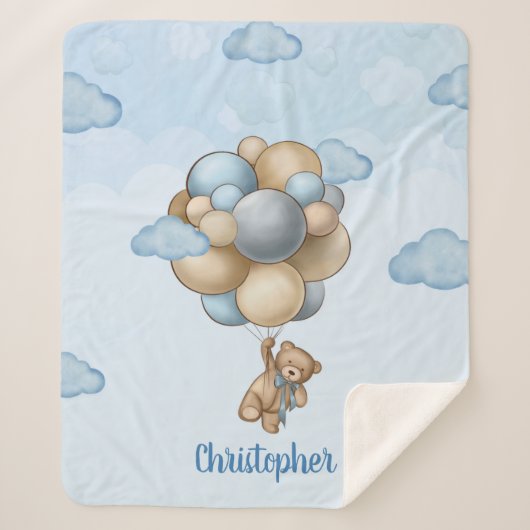 Teddy Bär blaubraune beige Ballons personalisiert Sherpadecke (Vorderseite)