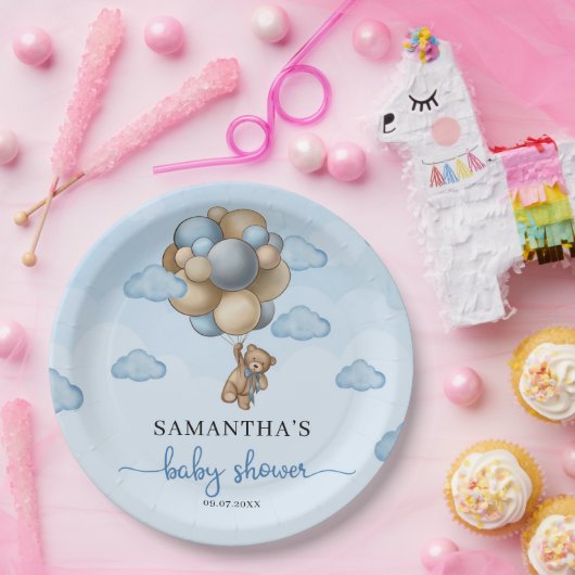 Teddy Bär blaubraune Elfenbeinballons Babydusche Pappteller (Party)