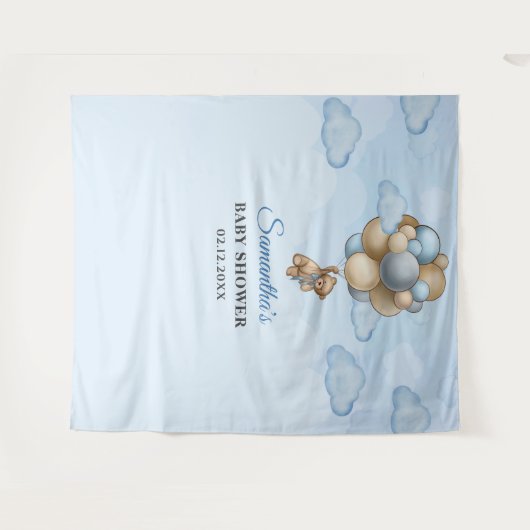 Teddy Bär blaubraune Elfenbeinballons Hintergrund Wandteppich (Vorderseite (Horizontal))