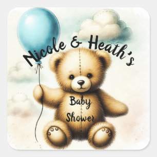 Teddy-Bär- Blaue-Ballon-Baby-Party Quadratischer Aufkleber