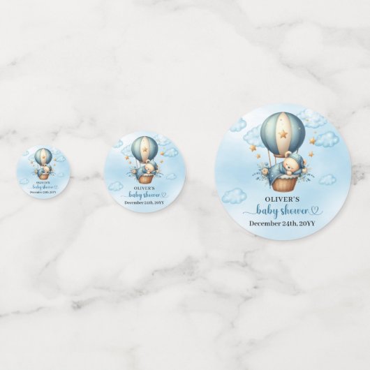 Teddy Bär blauer brauner Elfenbein Heißluftballonj Konfetti (Vorderseiten)