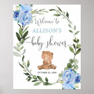 Teddy Bär Blue Blütenbaby Dusche Begrüßungszeichen Poster
