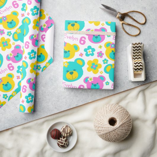 Teddy Bär Blume 6. Geburtstagsnamenszeitung Geschenkpapier (Kunsthandwerk)