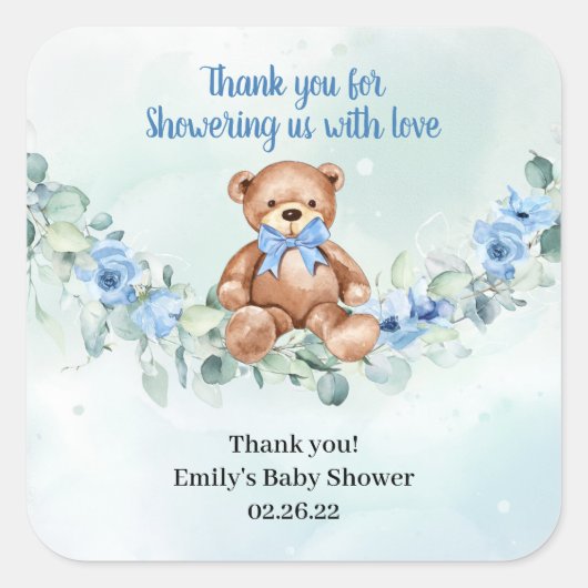 Teddy Bär dusty blue eucalyptus cramit blauer Blüt Quadratischer Aufkleber (Vorderseite)
