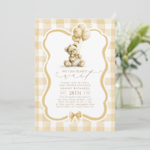 Teddy Bär Elegant Hellbraun Gingham Baby Shower Einladung