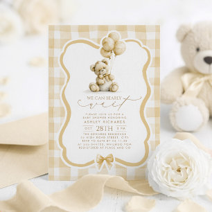 Teddy Bär Elegant Hellbraun Gingham Baby Shower Einladung