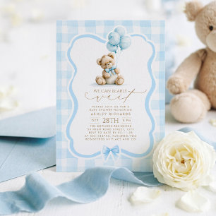 Teddy Bär Elegant Pastell Blau Gingham Baby Shower Einladung