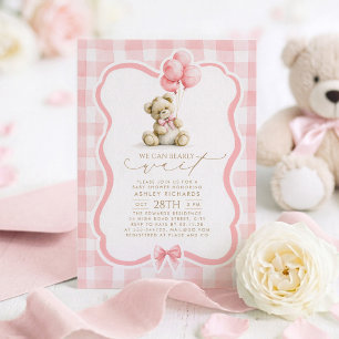 Teddy Bär Elegant Pastellrosa Gingham-Baby-Party Einladung