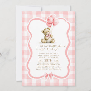 Teddy Bär Elegant Pastellrosa Gingham-Baby-Party Einladung