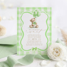 Teddy Bär Elegant Salbei-Grün Gingham-Baby-Party