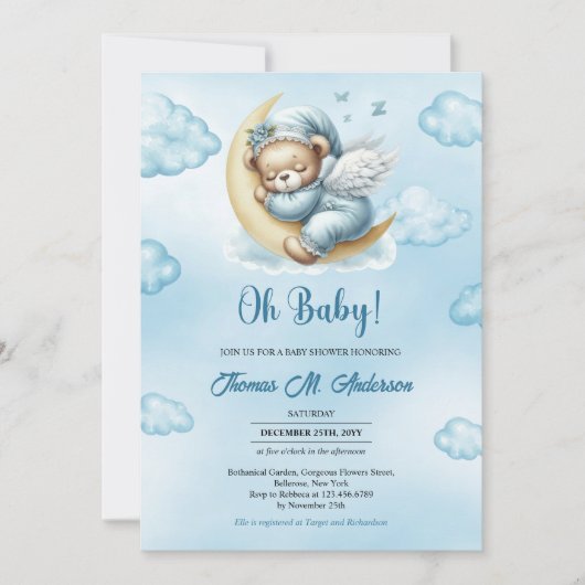 Teddy Bär Engel Flügel schlafen über den Mond Einladung (Vorderseite)