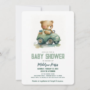 Teddy-Bär fährt Spielzeugauto Blau Baby Shower  Einladung