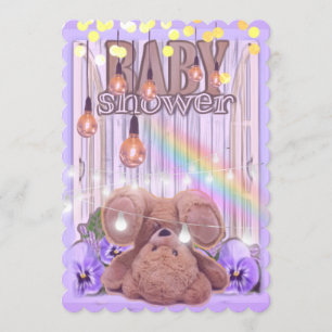 Teddy Bär gold Glitzer Lichter lila Babydusche Einladung