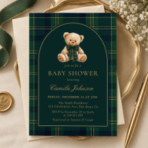Teddy-Bär-Grün-Kariert-Baby-Shower-Einladung
