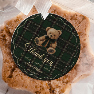 Teddy Bär Grün Tartan Babyparty Runder Aufkleber
