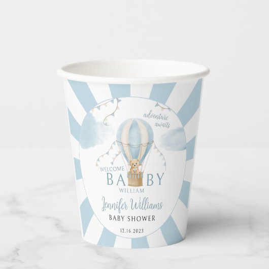 Teddy Bär Heißluftballon Babydusche Papiertücher Pappbecher (Vorderseite)