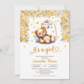 Teddy Bär in der Krippe gelbe Blumen Mädchen Dusch Einladung (Vorderseite)
