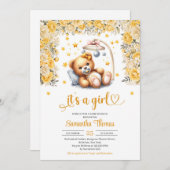 Teddy Bär in der Krippe gelbe Blumen Mädchen Dusch Einladung (Vorne/Hinten)