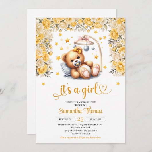 Teddy Bär in der Krippe gelbe Blumen Mädchen Dusch Einladung (Vorne/Hinten)