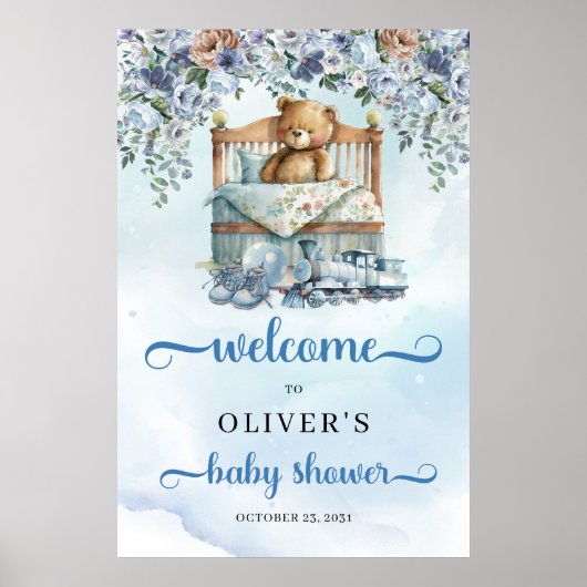 Teddy Bär in der Rippe dusty blue baby Dusche Empf Poster (Vorne)