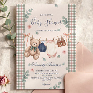 Teddy-Bär-Karo-Baby-Shower-Einladung Einladung