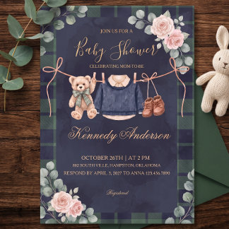 Teddy-Bär-Karo-Baby-Shower-Einladung Einladung