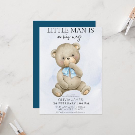 Teddy Bär kleiner Mann auf dem Weg Babydusche Einladung (Vorderseite/Rückseite Beispiel)