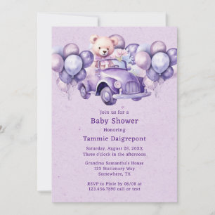 Teddy Bär Lila Ballons Auto Mädchen Baby Shower Einladung