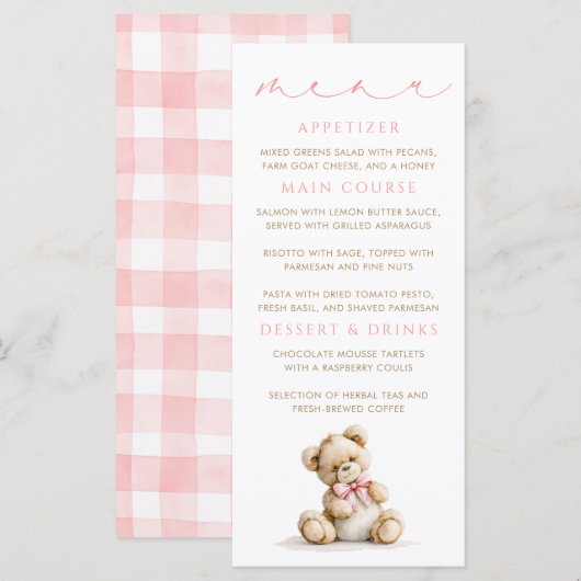 Teddy-Bär-Menus Karten im rosa Gingham-Muster (Vorne/Hinten)