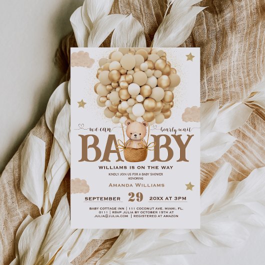 Teddy Bär mit Balloons Gold neutrale Babydusche Einladung