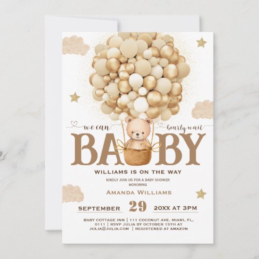 Teddy Bär mit Balloons Gold neutrale Babydusche Einladung (Vorderseite)