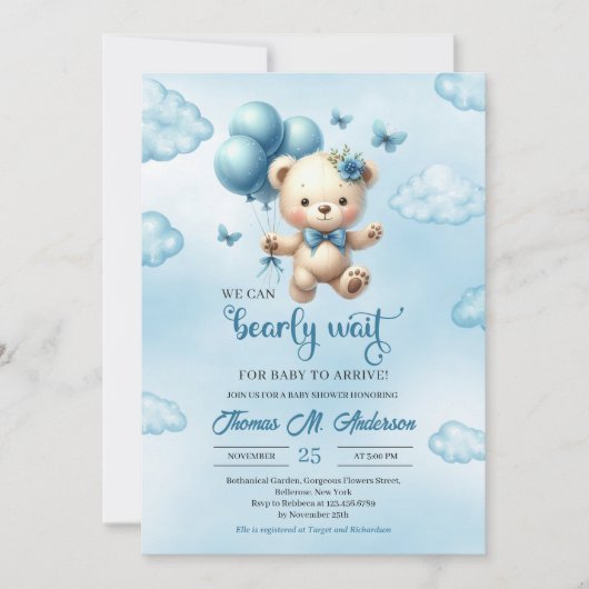 Teddy Bär mit blauen Ballons können wir warten Einladung (Vorderseite)