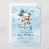 Teddy Bär mit blauen Ballons können wir warten Einladung (Vorne/Hinten)