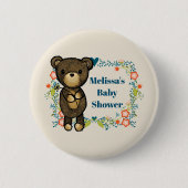 Teddy Bär mit Blumenschmuck Baby Dusche Button (Vorderseite)