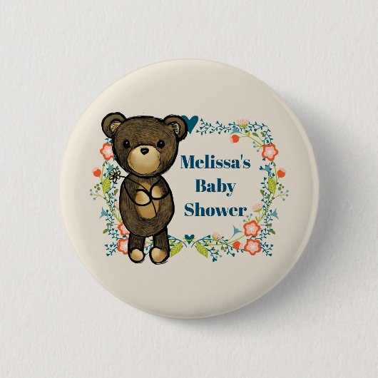 Teddy Bär mit Blumenschmuck Baby Dusche Button (Vorderseite)