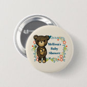 Teddy Bär mit Blumenschmuck Baby Dusche Button (Vorne & Hinten)