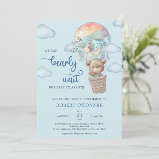 Teddy Bär mit Heißluftballon Junge Einladung (Stehend Vorderseite)