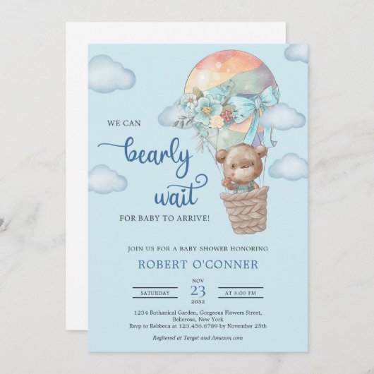 Teddy Bär mit Heißluftballon Junge Einladung (Vorne/Hinten)